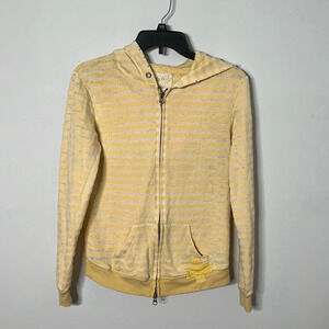 Free People Yellow Striped Distressed Hooded Jacket